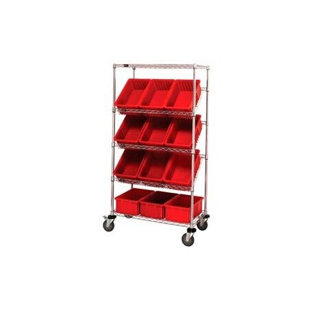 Global Industrial Easy Access Slant Shelf Chrome Wire Cart 12 8inH Grid Containers Red 36x18x63 269001RD